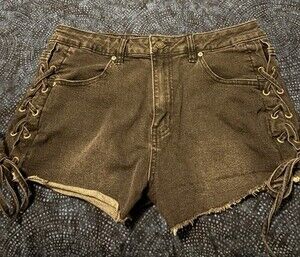 Madden NYC Women's Black Denim Cut Off Shorts 12 Mid Rise Lace-Up Sides